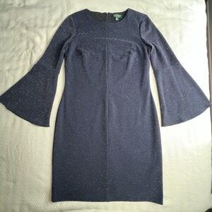 Lauren Ralph Lauren Dress Womens 8 Navy Blue Bell Sleeve Metallic Sheath Party